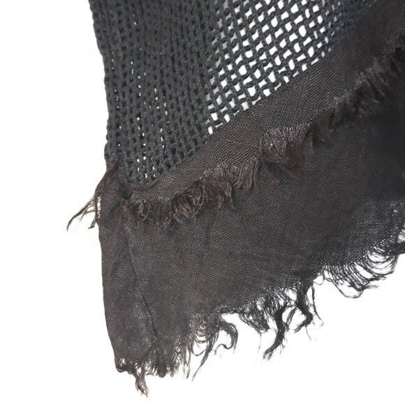 Black Open-Knit Asymmetrical Sweater Poncho Cotton Distressed Frayed Trim OSFM - Picture 2 of 5